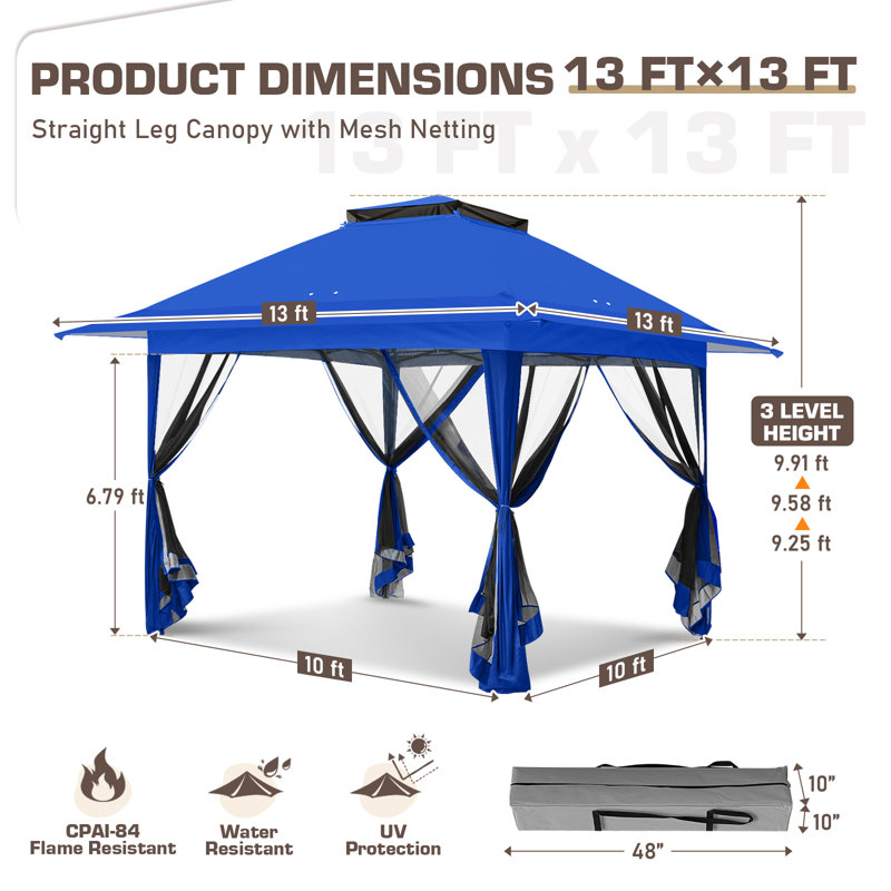 Pop up Patio Gazebo 13 Ft. W x 13 Ft. D Metal Patio, Blue