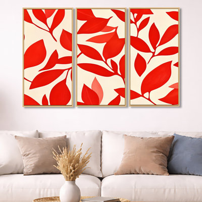 «Red Leaf Wall Art», ensemble de 3 pièces d'art mural encadré botanique sur toile - collage de feuilles rouges «Calm Botanical Collage»