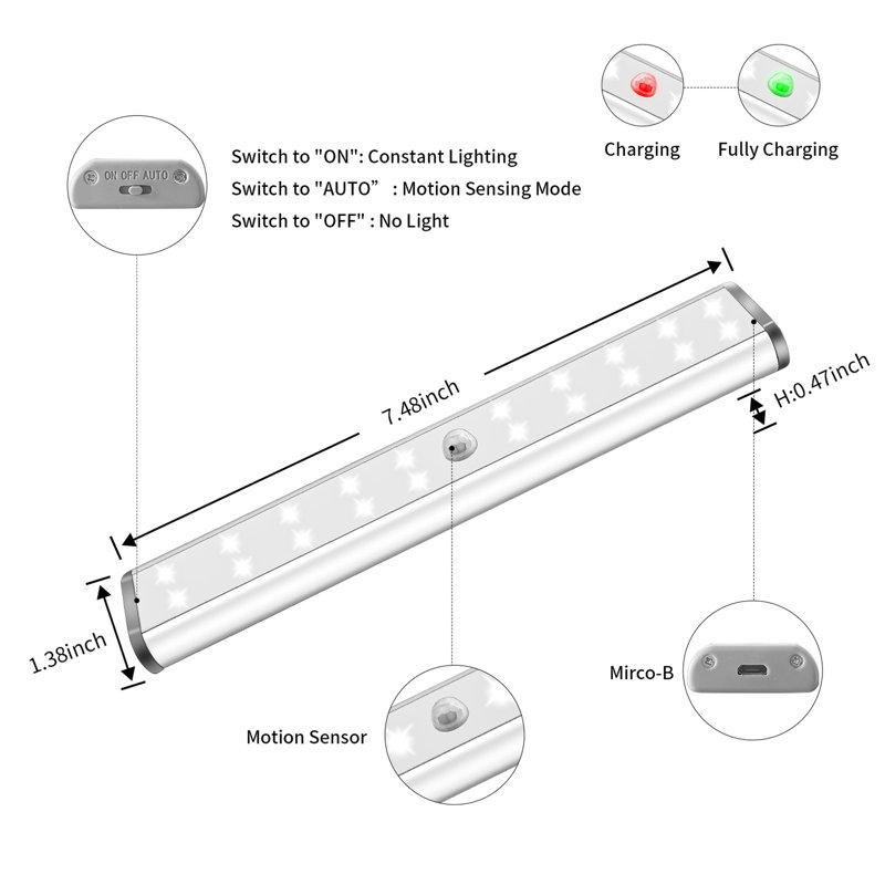 Capteur de mouvement rechargeable sans fil 20 po 7,48 po LEPOTET