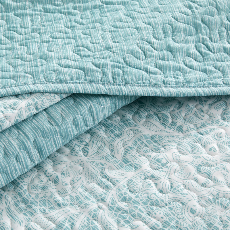 5 Piece Emma Printed Microfiber Quilts Set, King Quilt + 2 King Shams + 2 Throw Pillows, Teal Aqua