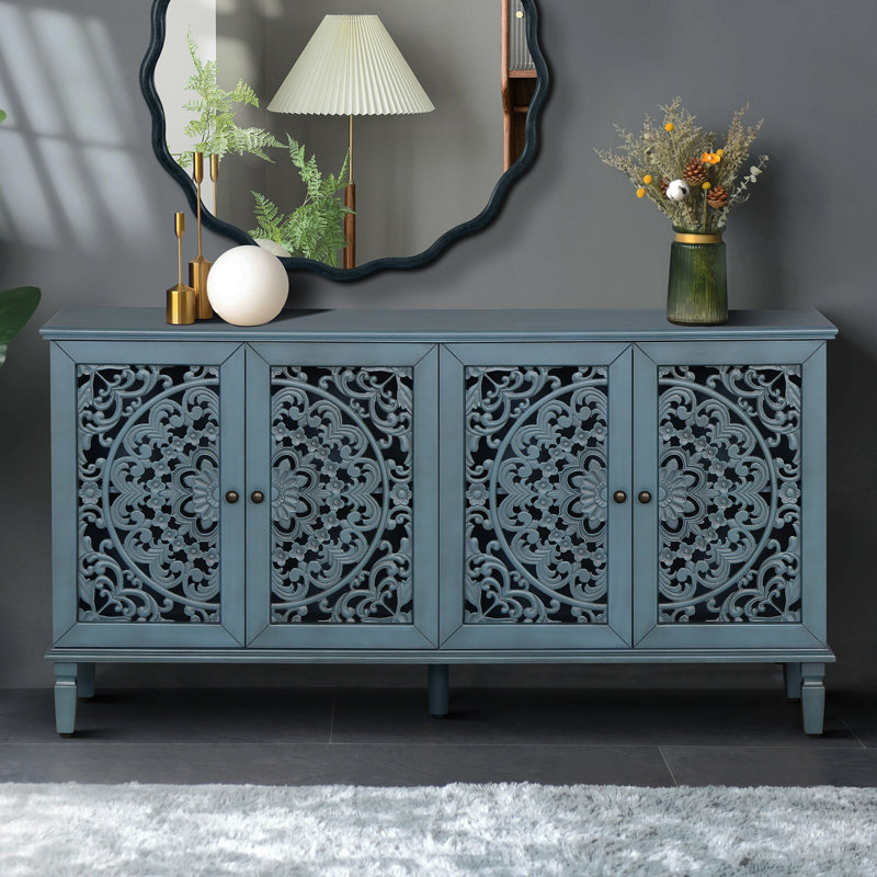 60" Antique Buffet Cabinet With Floral Carvings With Solid Wood Legs&Antique Brass Handles&Adjustable Shelves, Antique Blue