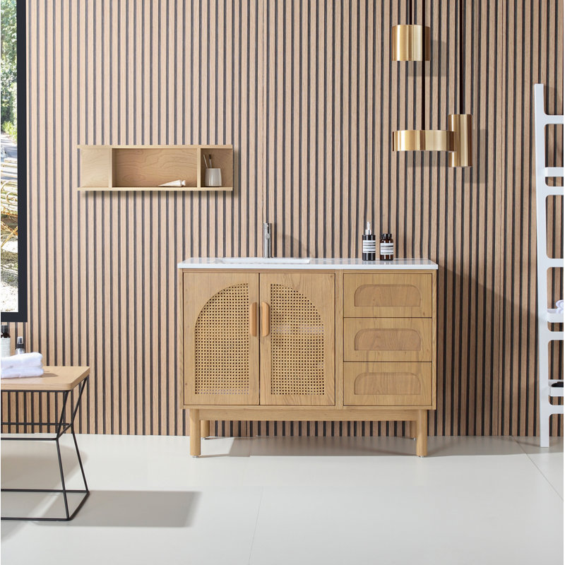 Emir 48'' Natural Oak Veneer Plywood Bathroom Vanity with Engineered Quartz Top, Pecan Oak