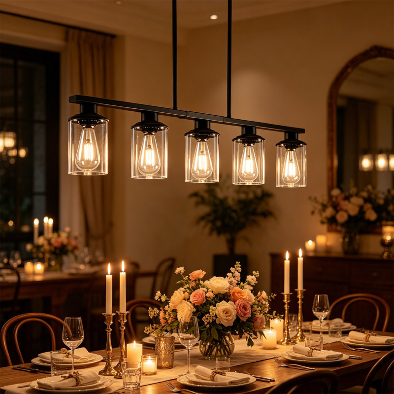 Luminaire suspendu 5 lumières pour îlot de cuisine avec abat-jour en verre transparent, hauteur réglable, Noir mat