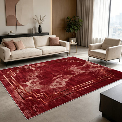 1PC Burgundy Marbled Rose Gold Geometric Frame Vintage Farmhouse Pattern area rugs for Living Room, Soft and Comfortable, Suitable for all seasons, easy-to-maintain, machine washable Indoor floor mat, Under Table Farmhouse suitable for dining table,