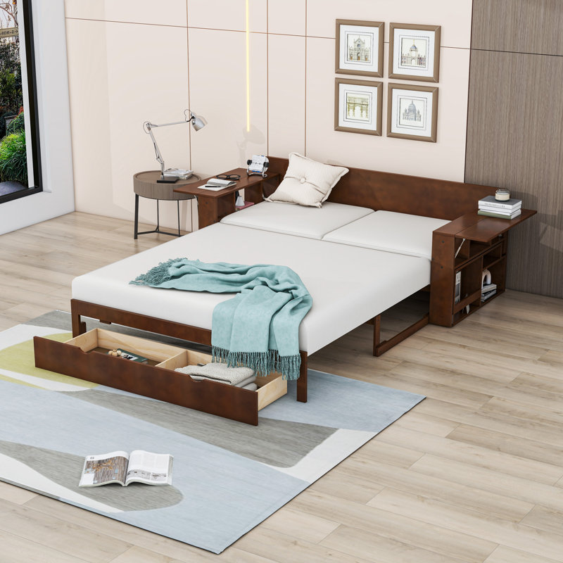 2 Drawers Daybed with Removable Desk and Side Shelves, Espresso, Queen