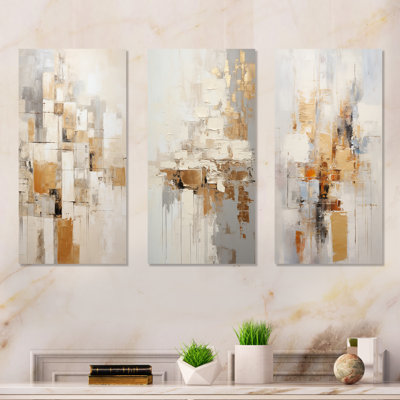 Beige And Golden Cubic Perspective - Abstract Collages Metal Wall Art Set Of 3