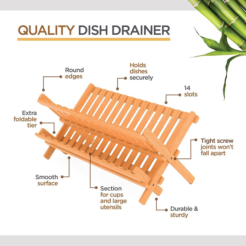Bamboo Dish Rack for Kitchen Counter, Collapsible 2-Tier Wooden Drying Rack for Dishes