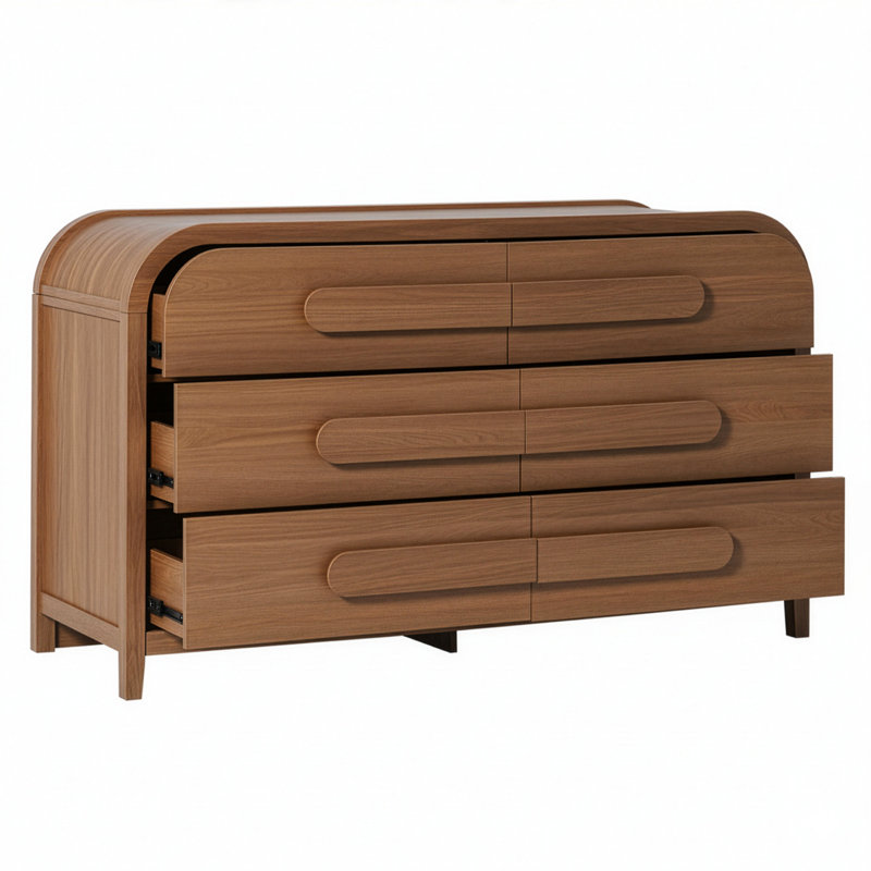 Modern Curved Waterfall Wood 6 Drawer Dresser, Medium Brown Oak