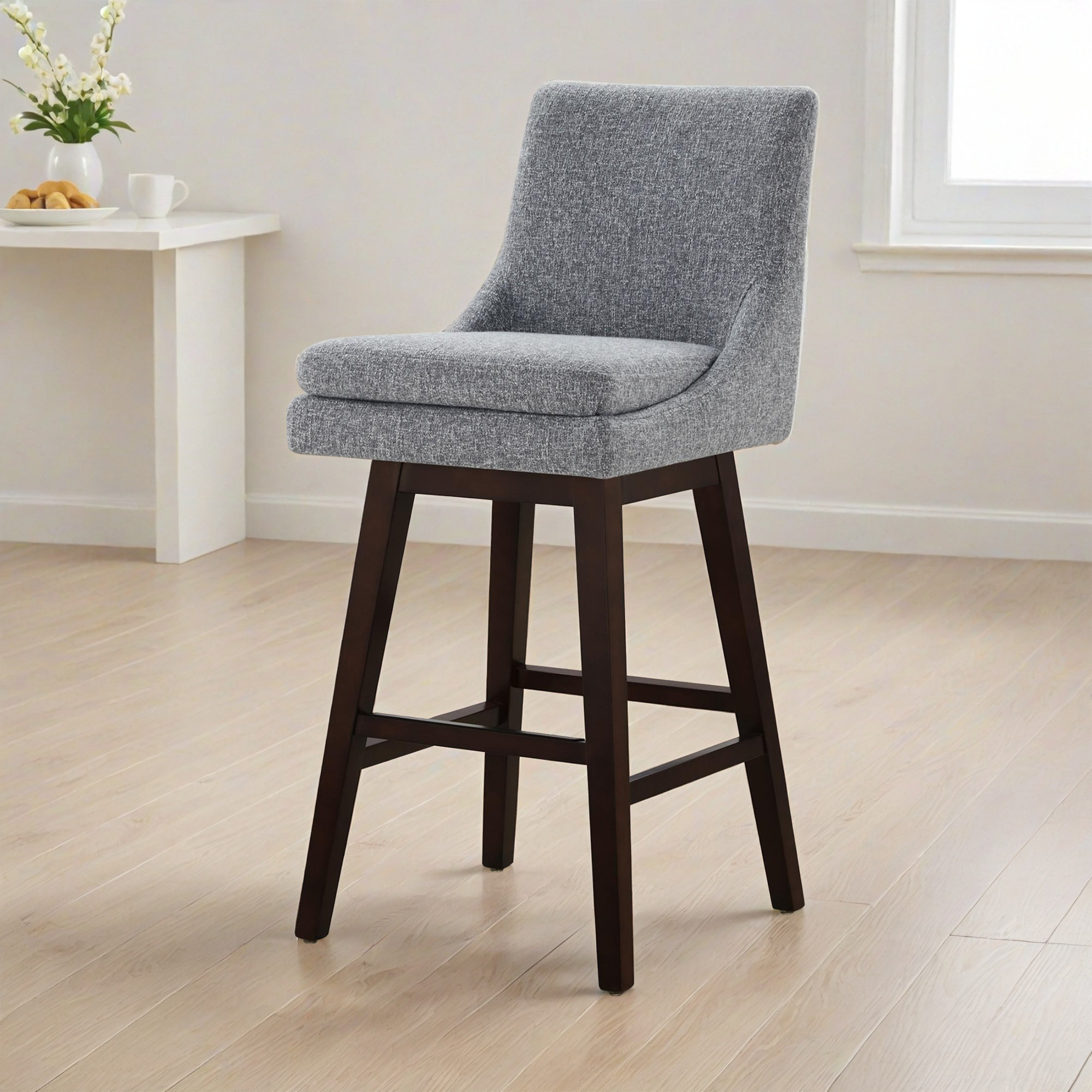 Zahara Upholstered Swivel Counter Stool, Nathan Gray Tweed/Walnut, Bar Stool (30” Seat Height)