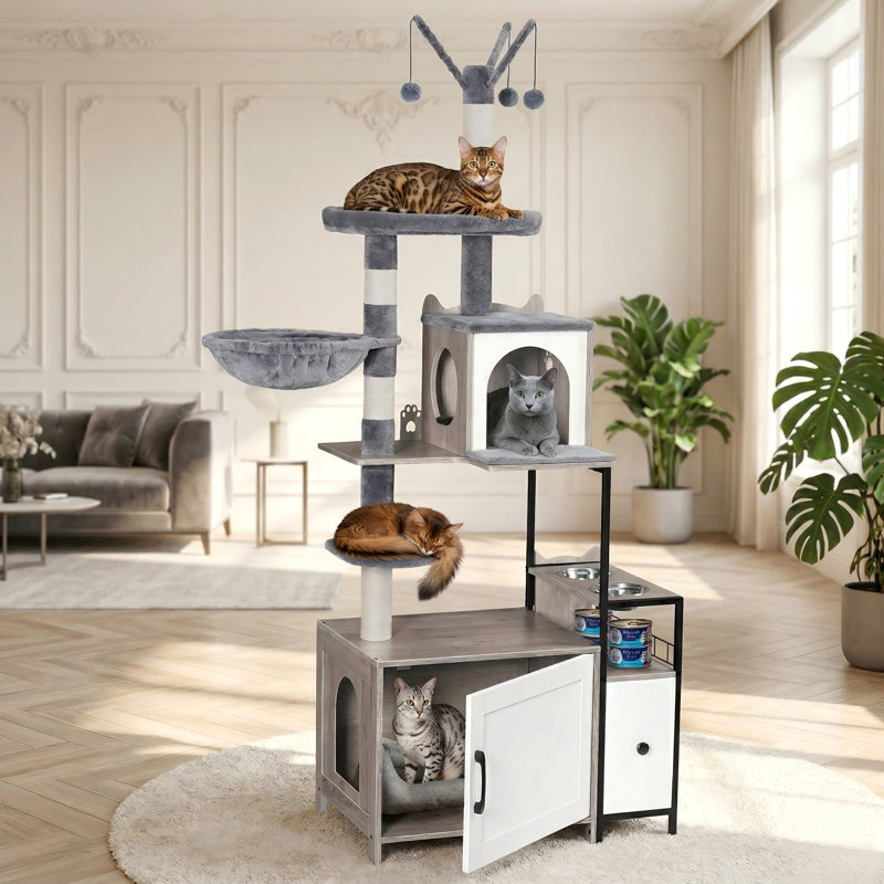 Tour pour chat moderne 3-en-1 avec bac à litière, litière cachée pour chat de 67,32 po, maisonnette pour chat, station de nourriture, hamacs, mobilier pour chat tout-en-un