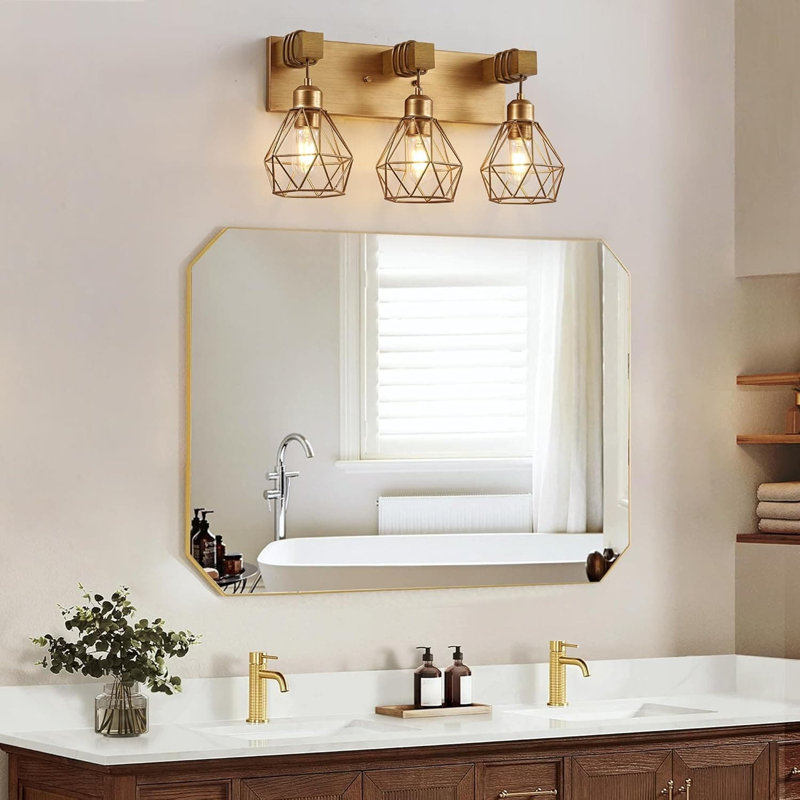 Farmhouse Vanity Light Fixture With Metal Shade And Wood Accents, 3-Light Antique Brass Wall Sconce For Bathroom, Bedroom, And Hallway