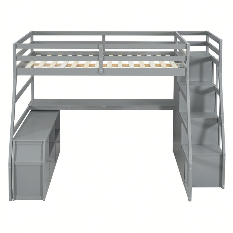 Lit mezzanine avec 7 tiroirs, 2 tablettes et un bureau, gris, Double