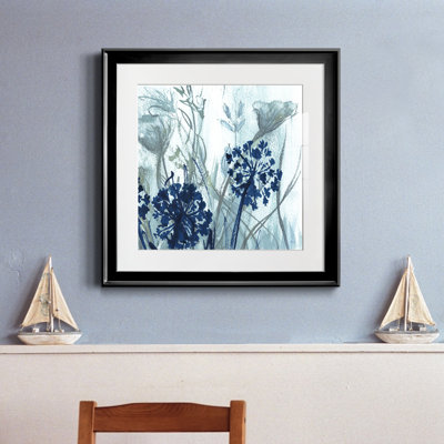 Indigo Field II - Tableau en verre avec passe-partout, grand format, idéal pour le salon