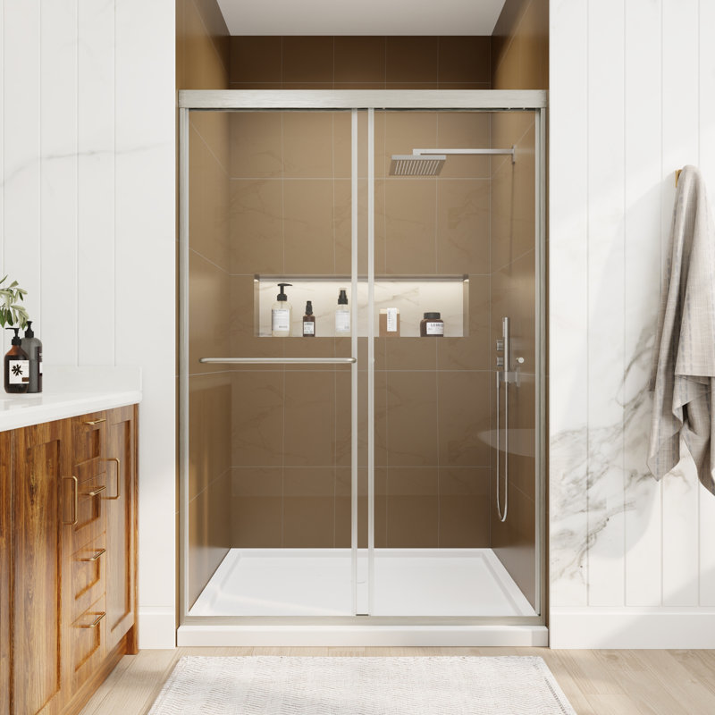 Porte de douche coulissante simple demi-cadre l 44 à 48 po x H 70 po avec verre trempé de 1/4 po, Nickel brossé