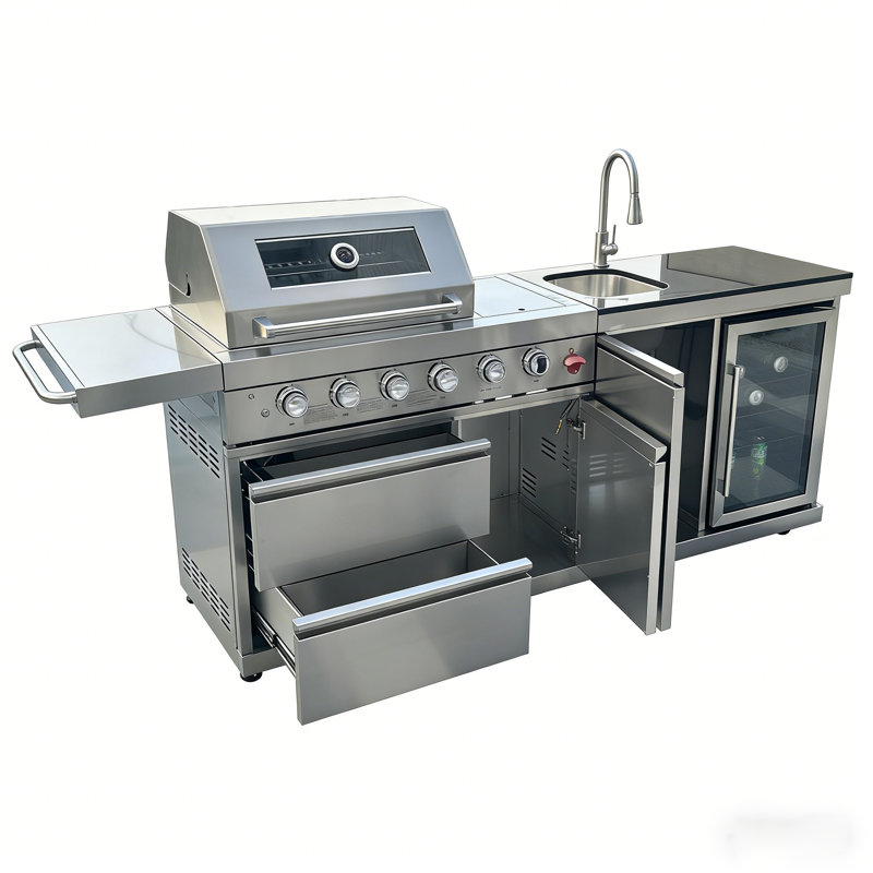 Ensemble d'îlot de cuisine 2 pièces Brixx avec gril à 6 brûleurs, réfrigérateur et évier, Argent