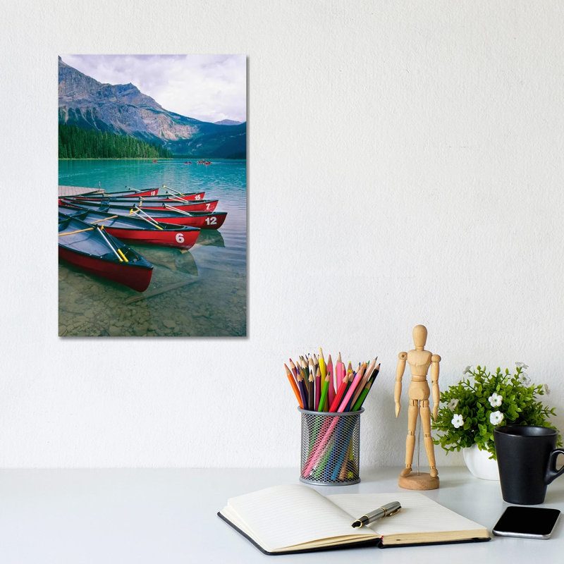 Canoes At A Dock, Emerald Lake, British Columbia, Canada by George Oze - Wrapped Canvas Print, 20.32 cm H x 30.48 cm W