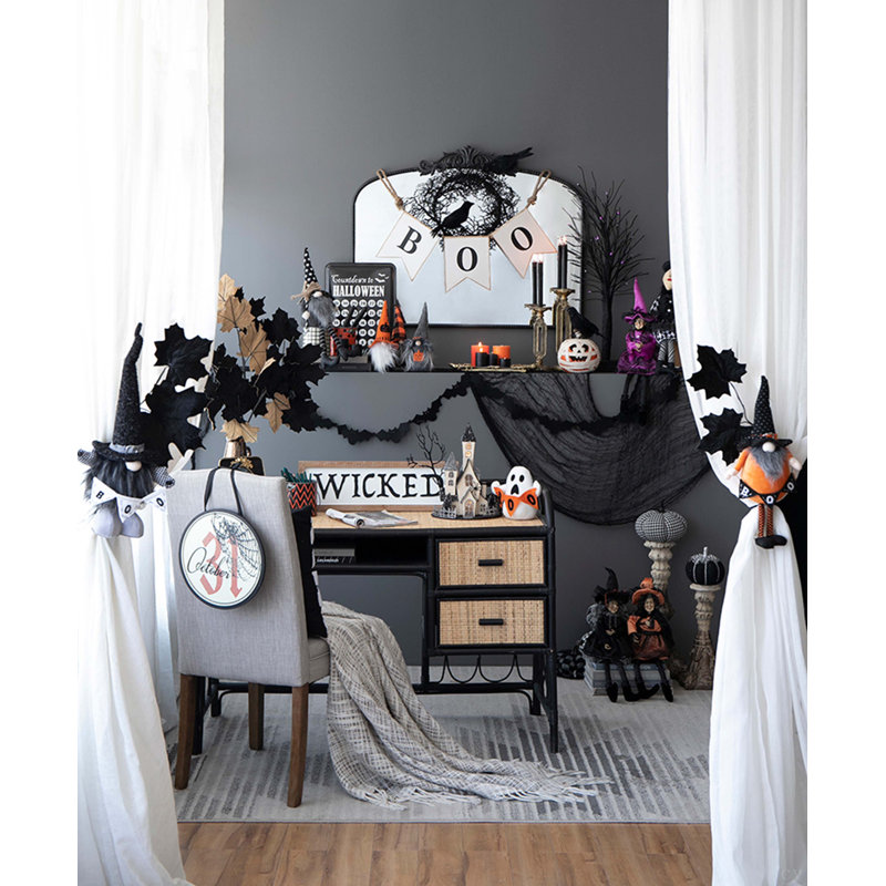 Ensemble de 2 décorations de gnome d'Halloween en tissu pour les fêtes, H 8,3 po x l 4,7 po x P 15,7 po, Noir, blanc