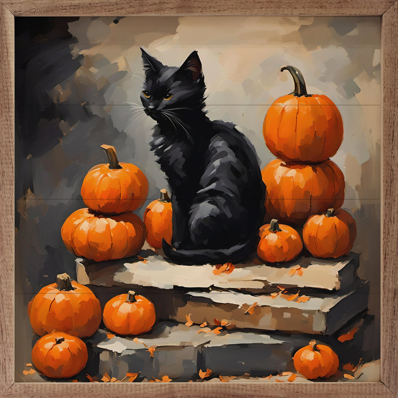 «Chat noir avec une pile de citrouilles» sur bois, H 8 po x l 8 po
