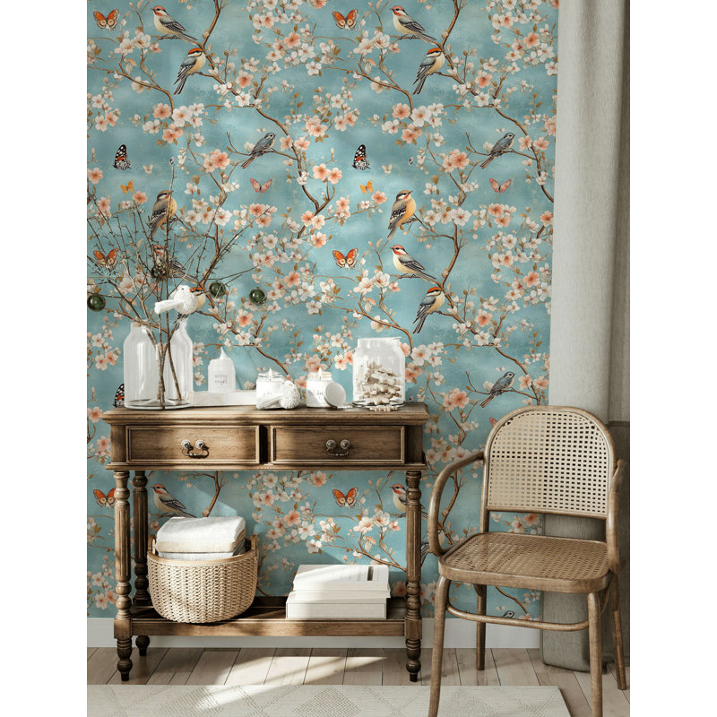 Papier peint floral rétro bleu à motif floral peler et coller