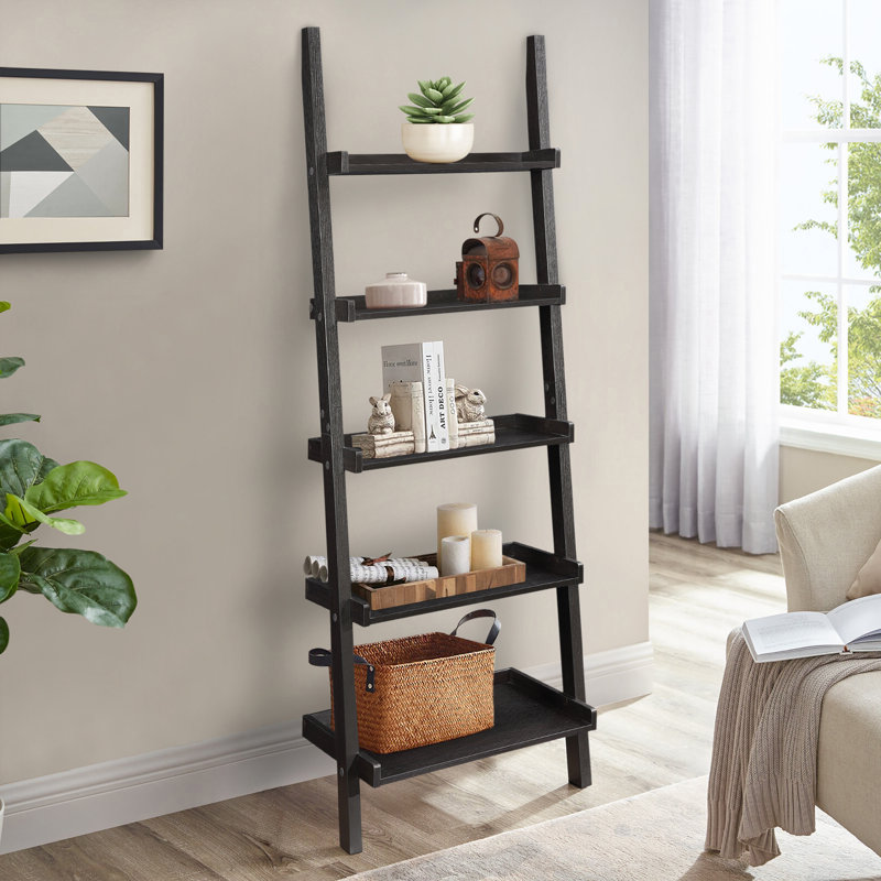 Sleek Wooden Ladder Bookcase with 5 Shelves, Cappuccino