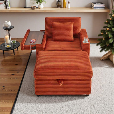 Plush Corduroy Storage Sofa With Ottoman And Table Board For Living Room