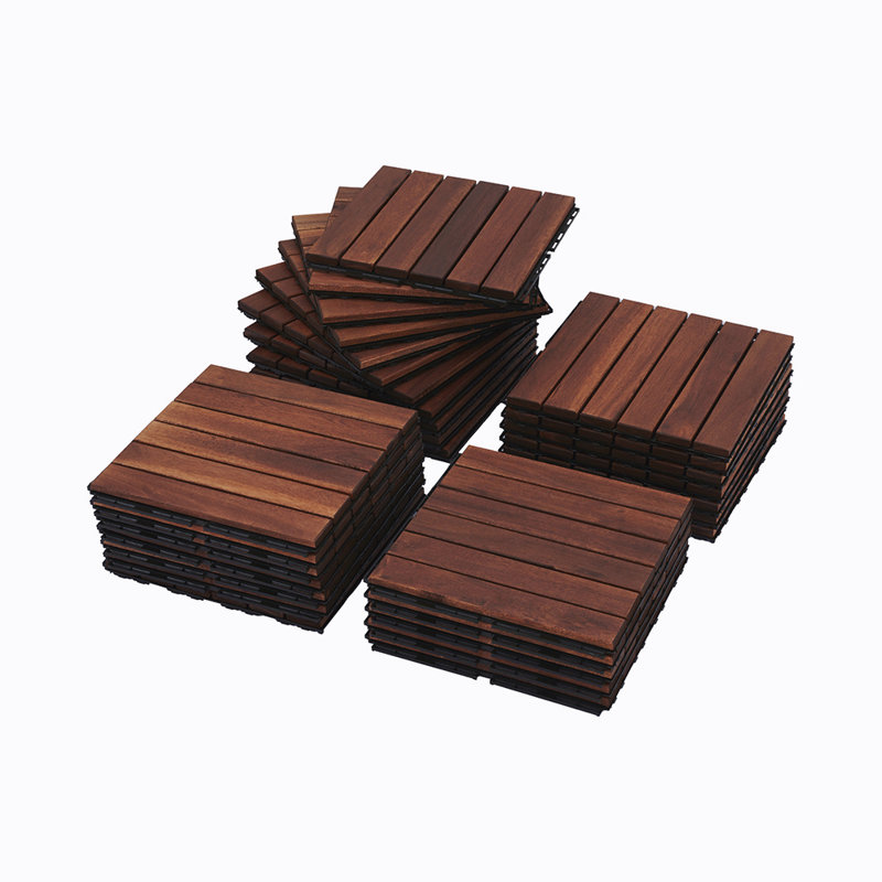 30 tuiles de terrasse en bois franc d'acacia emboîtables, 12 po x 12 po, plancher extérieur imperméable, Brun