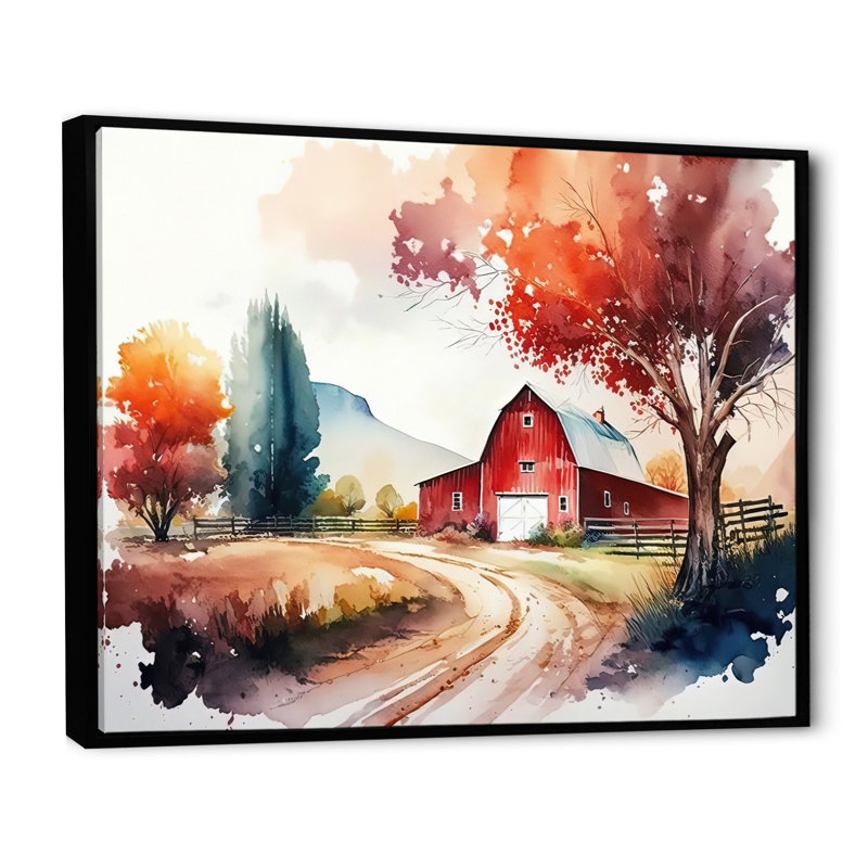 Calm Red Barn In Spring VII - ferme / campagne, art mural sur toile, Cadre noir, L 20 po x H 12 po