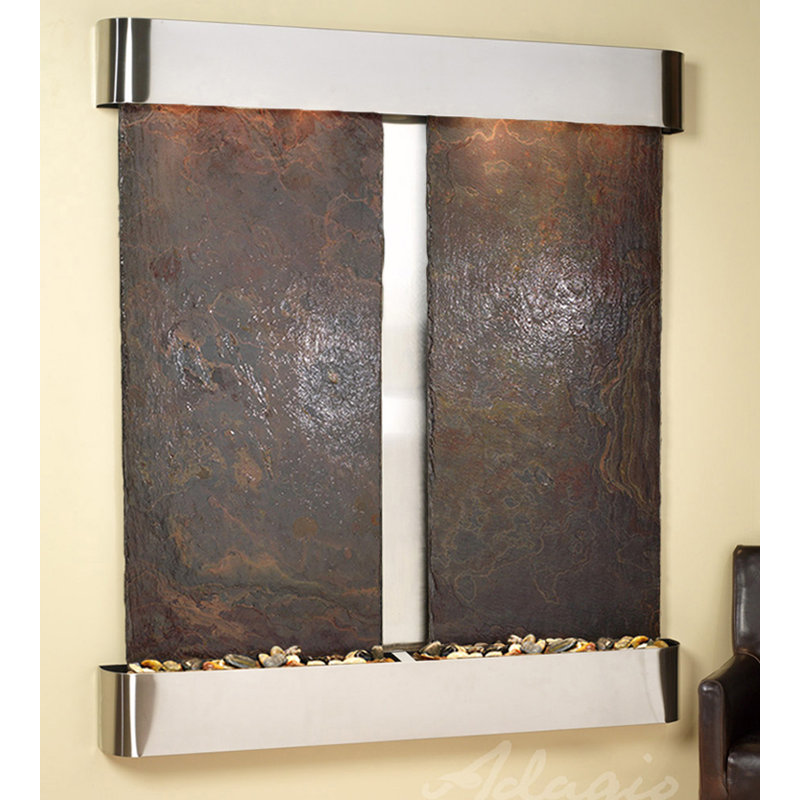 Cottonwood Falls Fountain with Light, Stainless Steel, Green Slate, Square