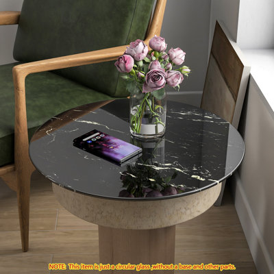 24" Round Tempered Glass Table Top With Print Black Marble Pattern Design,0.315"(8Mm) Thick Round Polished Edge,DIY Replacement&Cover Desktop