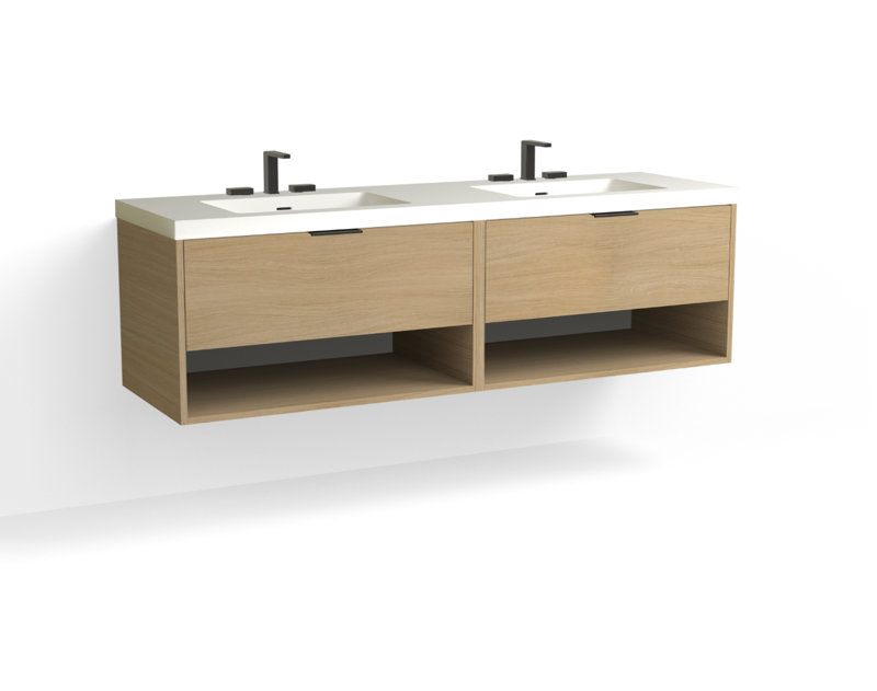 Modo 72" W Wall Mounted Double Bathroom Vanity, Glossy White/8" Widespread, Charred, Satin Nickel