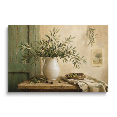 Nature morte picturale représentant des branches d'olivier, reproduction sur toile - 50 x 75 cm