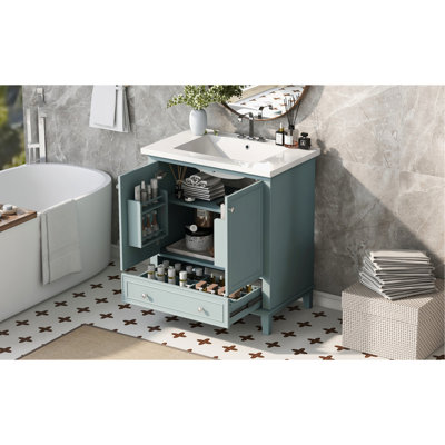 30 - Inch Modern Bathroom Vanity With Drop In Sink, Solid Wood And Board, Adjustable Shelf In Cabinet Removable Section Panel Undermount Poplar Construction, Functional Storage Silver Round