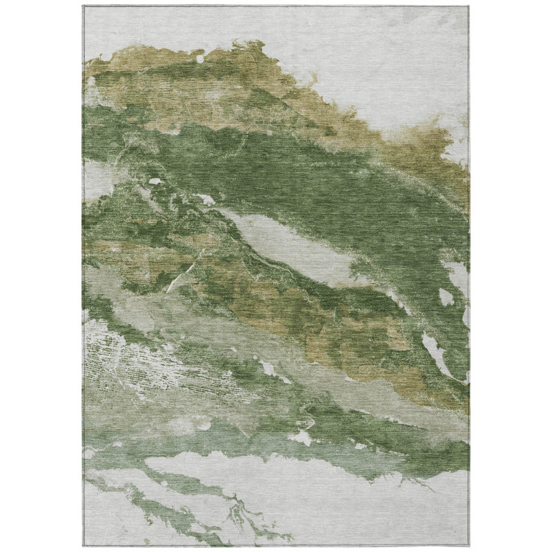 Machine Washable Indoor/Outdoor Xhevrie Green Rug, Rectangle 3' x 5'