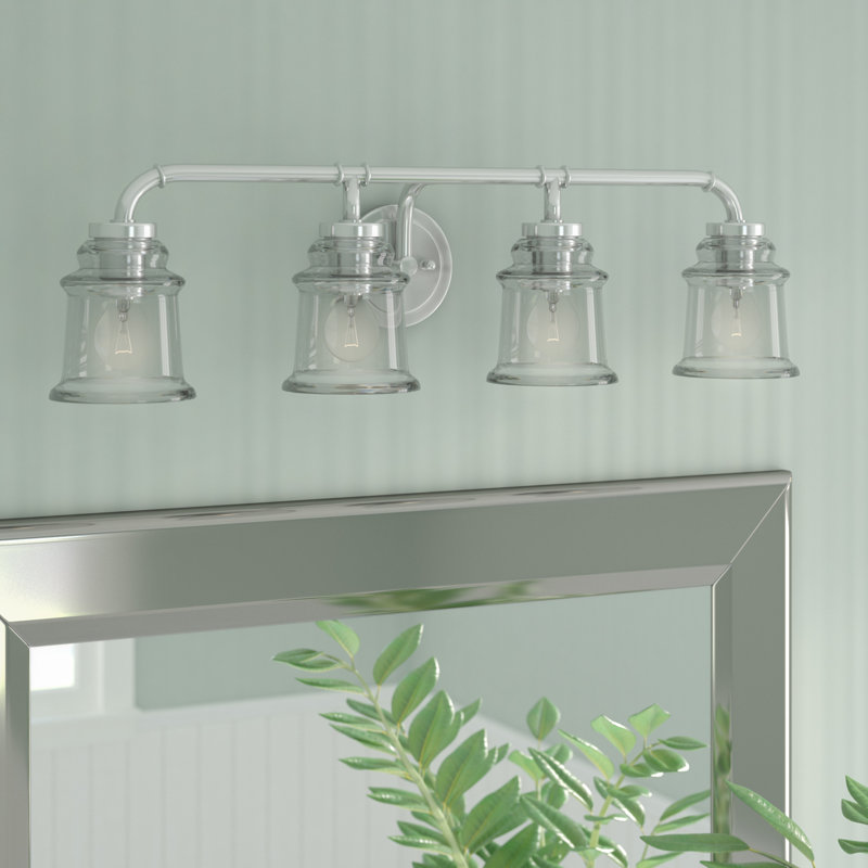 Akini 4-Light 30.5 inch Wide Satin Nickel Industrial Bathroom Vanity Lighting Fixture, Clear Glass Shade, Dimmable, LED Compatible, Over the Mirror Mounted Steel Wall Sconce