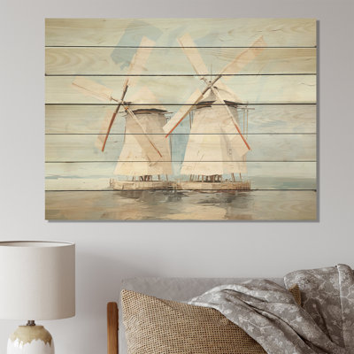 Grey Minimalist Windmills - Wind Turbines On Wood Print