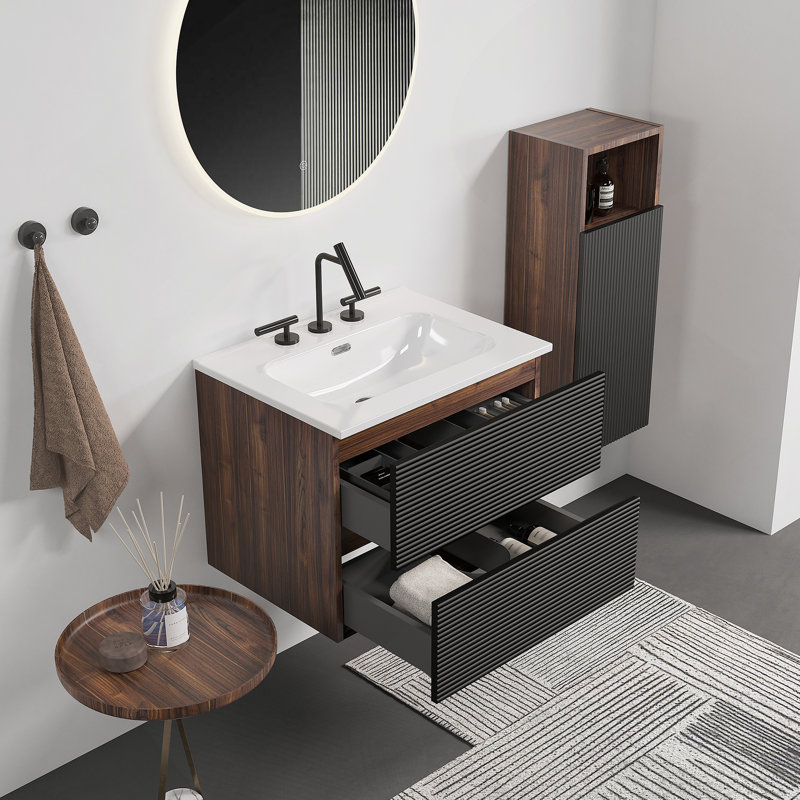 Meuble-lavabo mural avec lavabo en céramique, Noir / brun, 24"