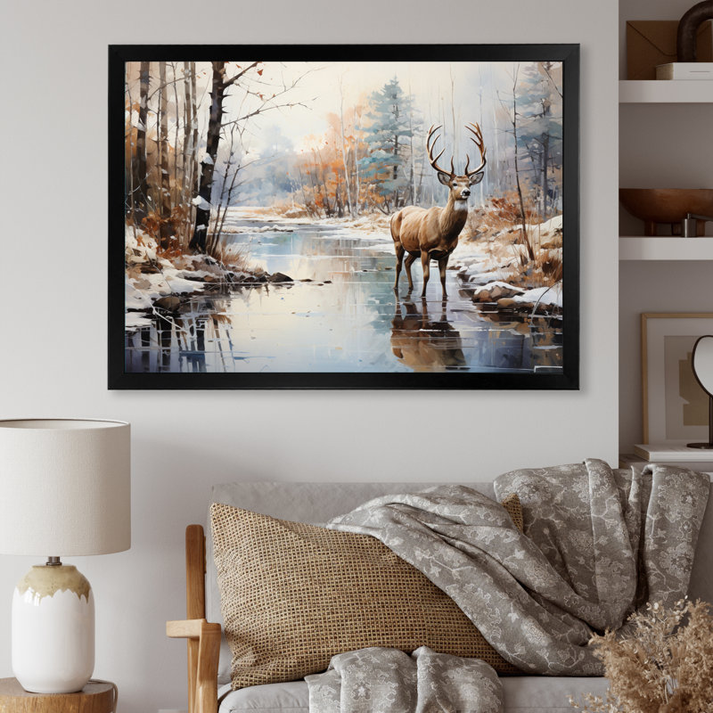 Cerf hiver sérénade - art mural grand cerf, Cadre simple noir, H 24 po x l 32 po x P 1 po