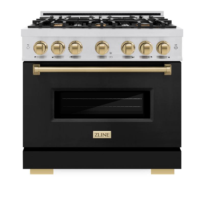 ZLINE Autograph Edition 36 in. 5.2 cu. ft. Classic Dual Fuel Range with 6 Burner Gas Cooktop and Electric Convection Oven in Stainless Steel with Black Matte Door and Accents