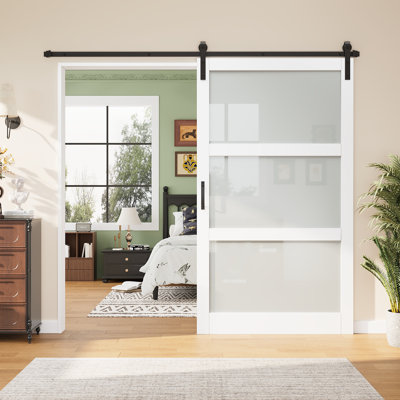 84"H Frosted Glass Sliding Barn Door – MDF & Solid Wood 3-Lite Interior Closet Door With Installation Hardware Kit(Include Soft Close)