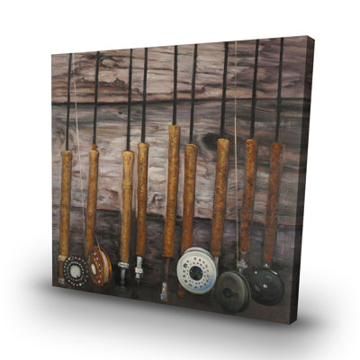 Fishing rods on wood - 32"x32" art on canvas