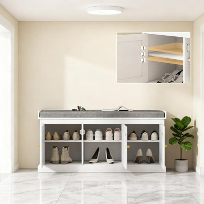 Shoe Storage Bench With Woven Rattan Doors, Shoe Bench With Cushion
