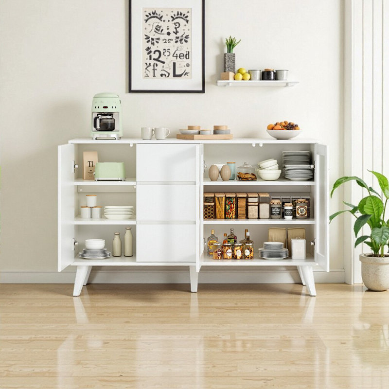 Buffet Farmhouse Buffet, rangement en bois rustique blanc de 55,5 pouces de largeur avec 3 tiroirs et portes escamotables, organisateur de bar à café pour la salle à manger, la cuisine et le salon