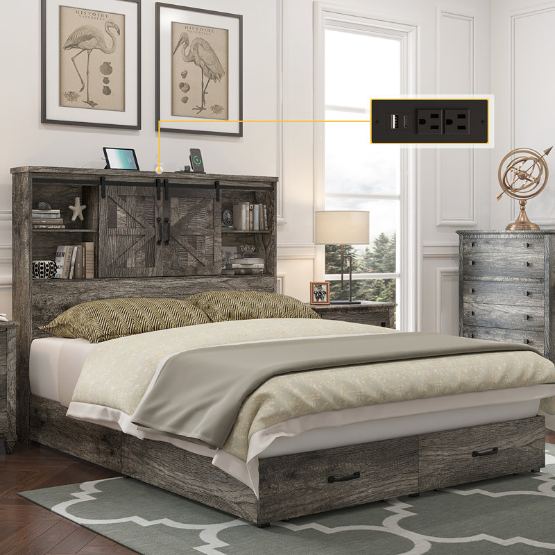 Structure de grand lit en bois Tryston Sherell, gris rustique, Grand, Gris rustique