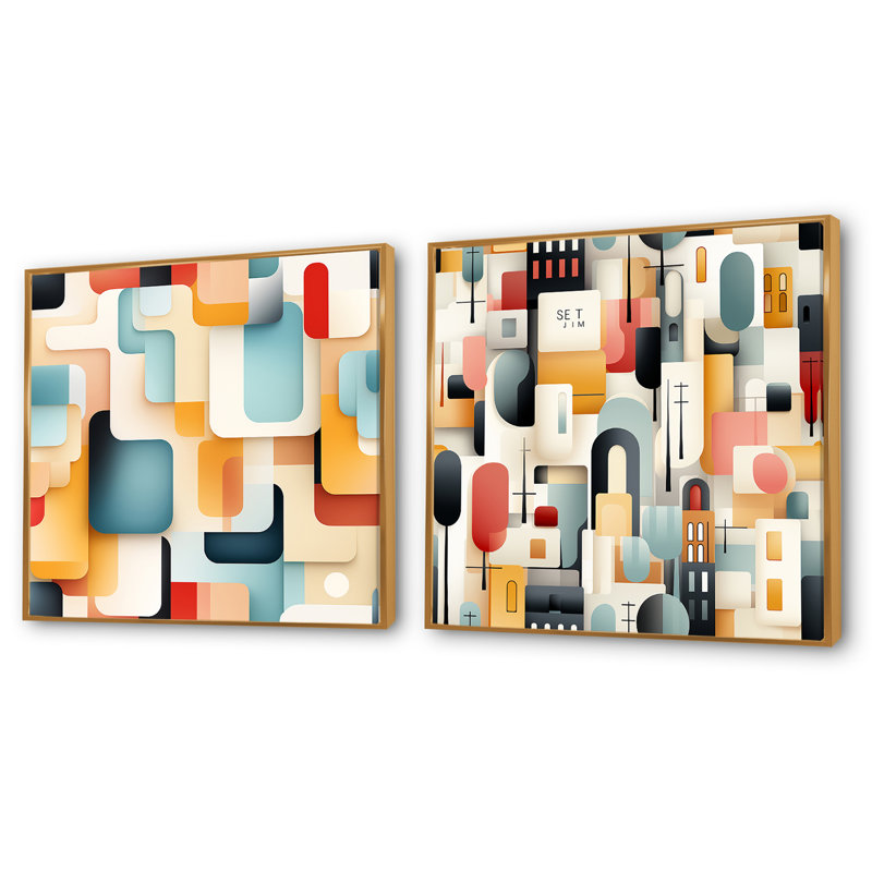 Cyenthia - Ensemble de 2 collages carrés à formes abstraites, Cadre flottant doré, H 36 po x l 73 po