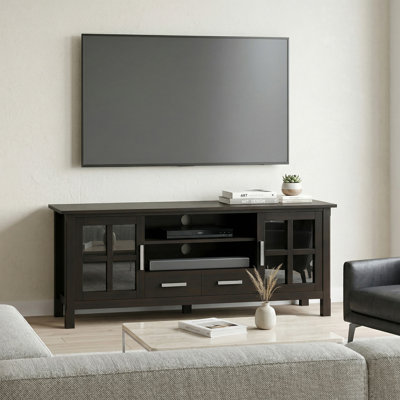 Meuble télé Kitchener de 60 po en bois massif pour téléviseur de 65 po ou moins avec 2 armoires, 2 tiroirs et tablettes réglables