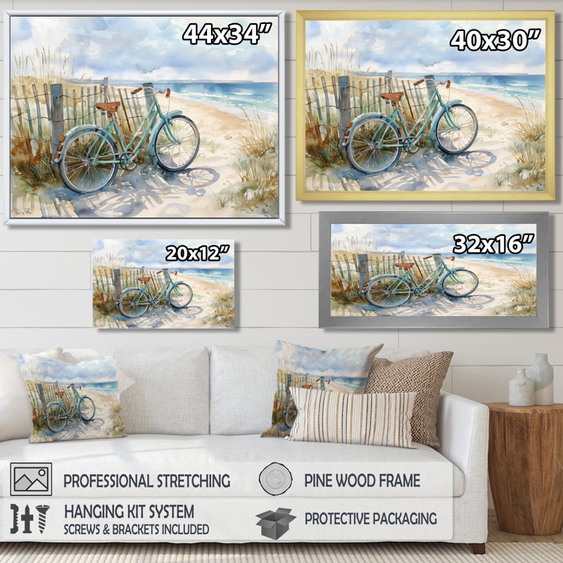 Vélo bleu sur le sentier de la plage I - art mural côtier, Toile tendue, H 30 po x l 40 po