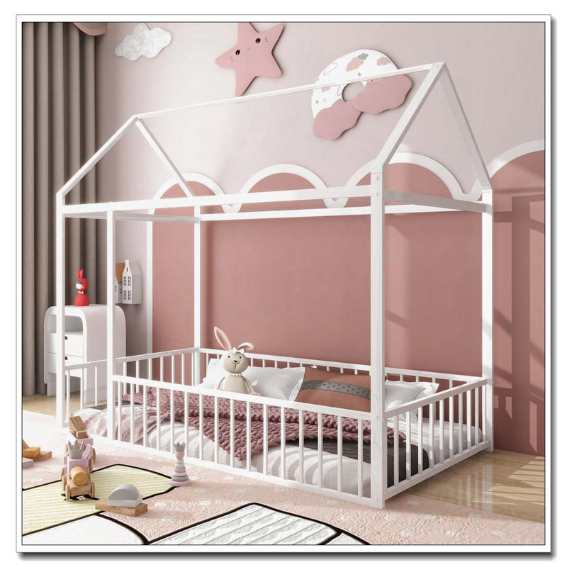 Metal Bed House Bed Frame with Fence, Twin, White