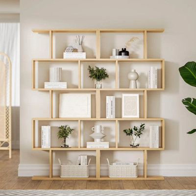 5-tier Geometric Bookcase, S-shaped Modern Bookshelf Set Of 2, 62.6" Tall Room Divider Book Shelf, Decorative Display Shelf