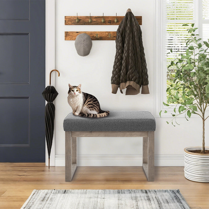27 Inch Wide Rectangle Ottoman Bench, Grey Linen Look Fabric Footstool with Solid Wood Frame, Upholstered Accent Bench for Living Room, Bedroom, Entryway