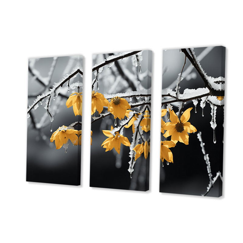 «Yellow and Gray Frozen Elegance II» sur toile, ensemble de 3 pièces, H 28 po x l 36 po x P 1 po